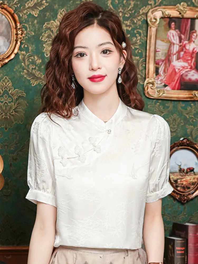 Nueva Camisa de Manga Corta para Mujer Estilo Han Su Chino, Blusa Blanca con Cuello Mao, Traje Tang, Top Ligero de Estilo Nacional para Verano 2026