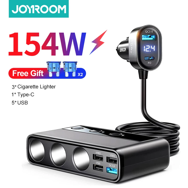 

Joyroom 154W 9 in 1 Car Charger Adapter PD 3 Socket Cigarette Lighter Splitter Charge Independent Switches DC Cigarette Outlet