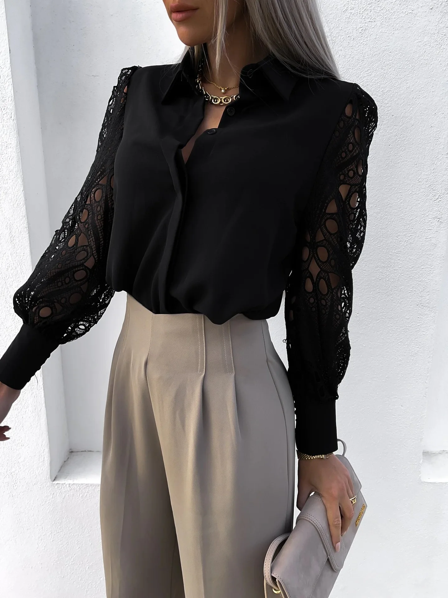 Women Elegant Solid Chiffon Blouse Spring Summer Casual Long Sleeve V Neck Loose Shirt Office Lady Tunics Oversized Tops2024