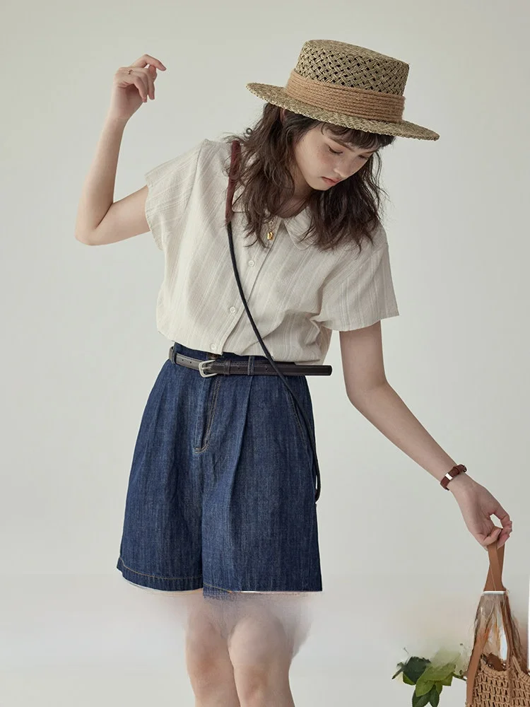 

AMUU Textured Short Sleeve Shirt Women's Summer Slim Fit Top Vertical Stripes Small Collar French Style Loose Cotton Shirt