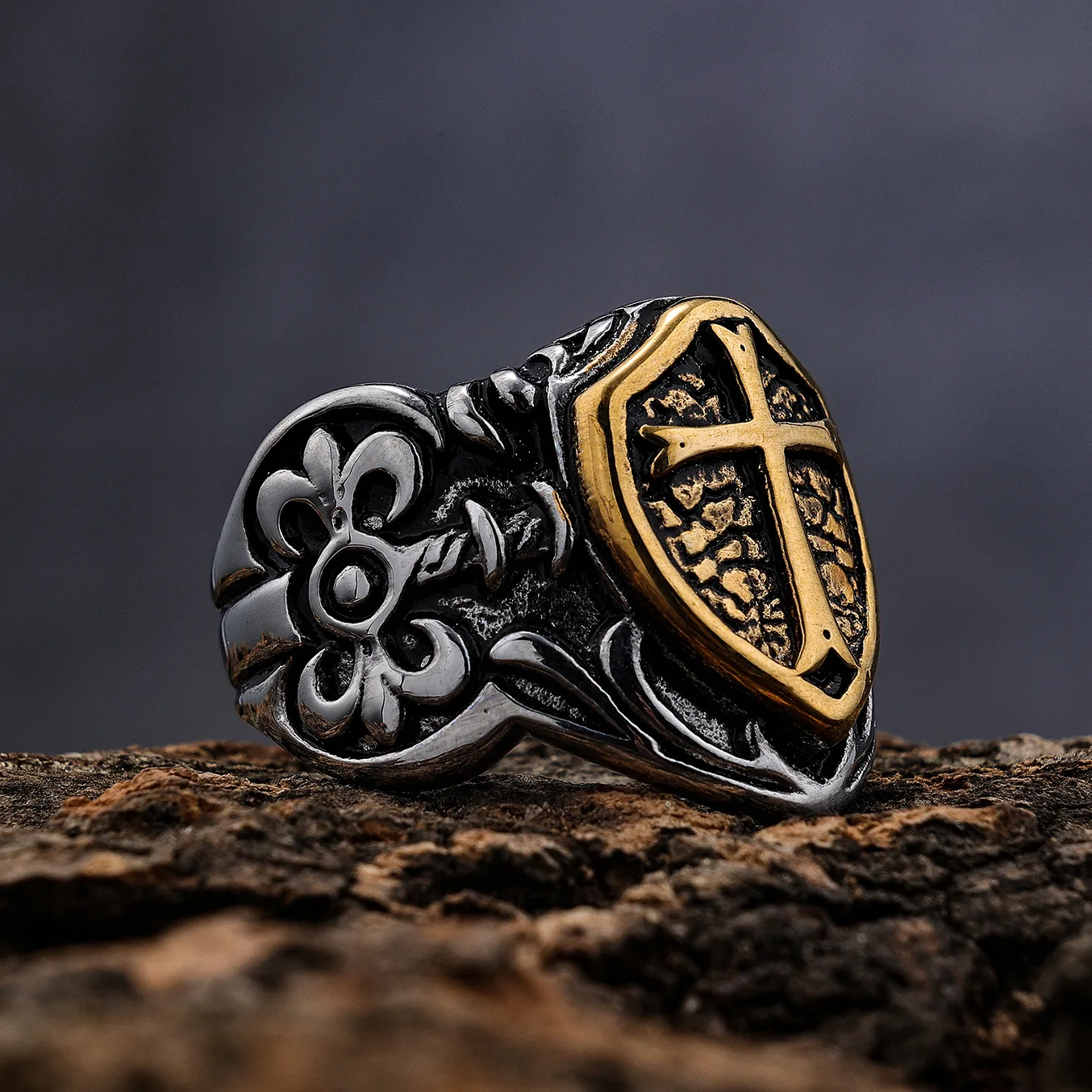 LNCHRAN Men 316L Stainless Steel Two-Tone Plated Cross Shield Signet Ring Medieval Gothic Jewelry Gift For Men - view 2