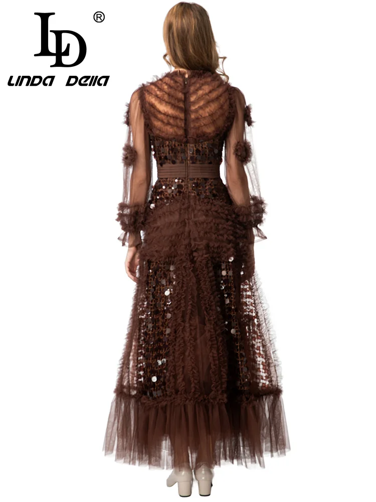 فستان LD LINDA DELL مطرز بالترتر بحافة مكشكشة بلون القهوة فستان مثير للولائم شبكي بأكمام طويلة ورقبة فستان نسائي عصري