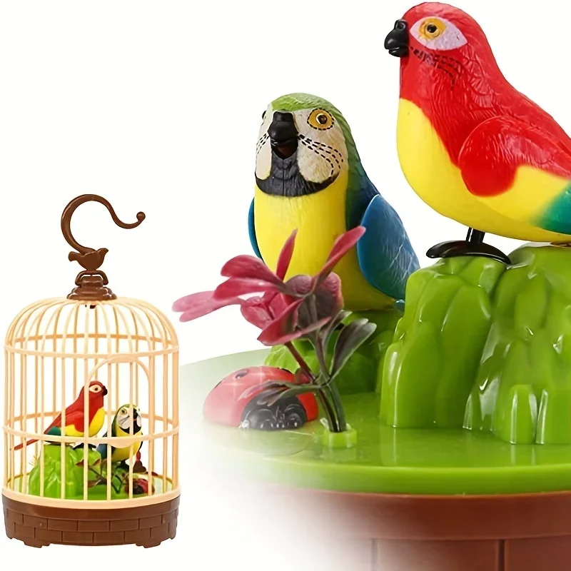 Voice-Activated Induction Birds Birdcage Toy Talking Chirping Fluttering Parrot Birds Toys Gifts for Baby Toddler Kids Children