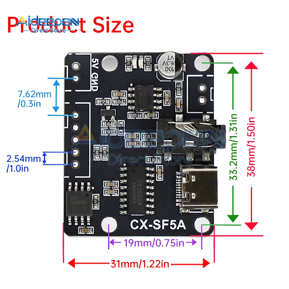 DC 3.3-5.2V SF5A UART Modulo MP3 Riproduzione vocale controllata MCU con audio personalizzato 5W Amplificatore di potenza in classe D Interfaccia di tipo C