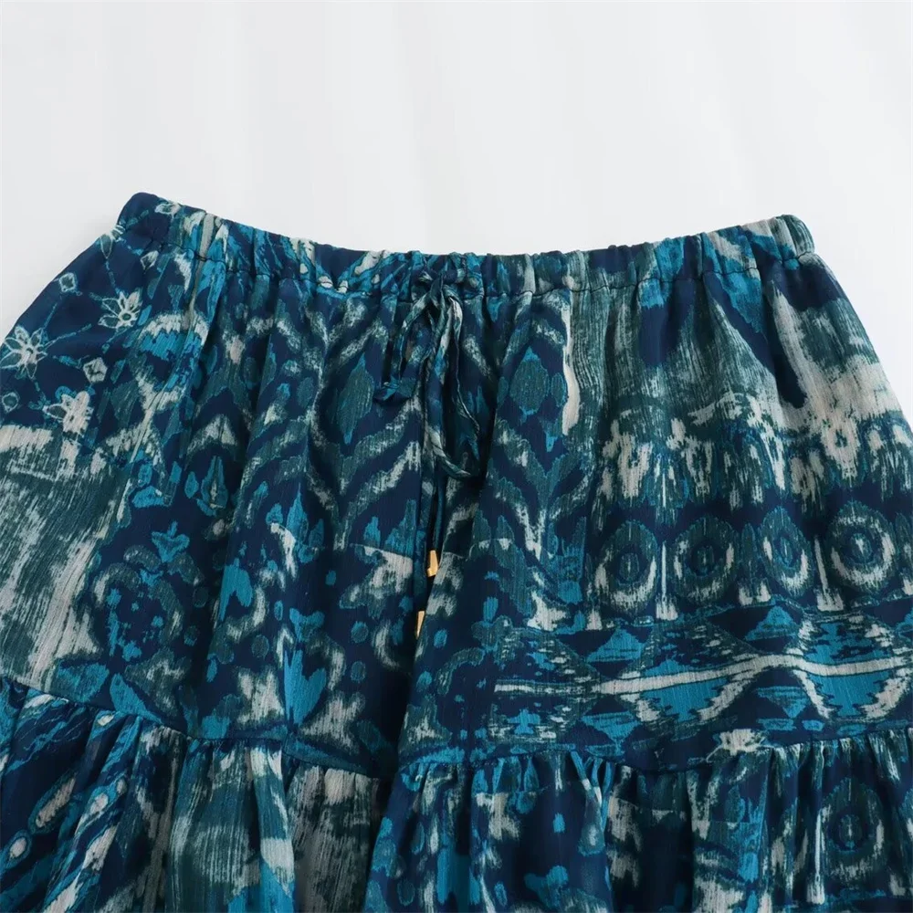 2025 printemps nouveau produit femmes mode décontracté col rond ample imprimé chemise imprimé cordon jupe ensemble