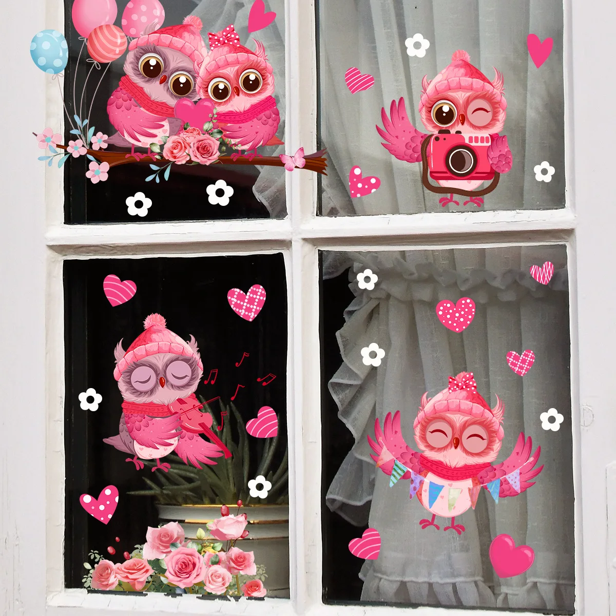 

3pcs Valentine's Day Red Pink Owl Electrostatic Sticker Double Sided Visual Glass Window Home Holiday Decorative Wall Sticker