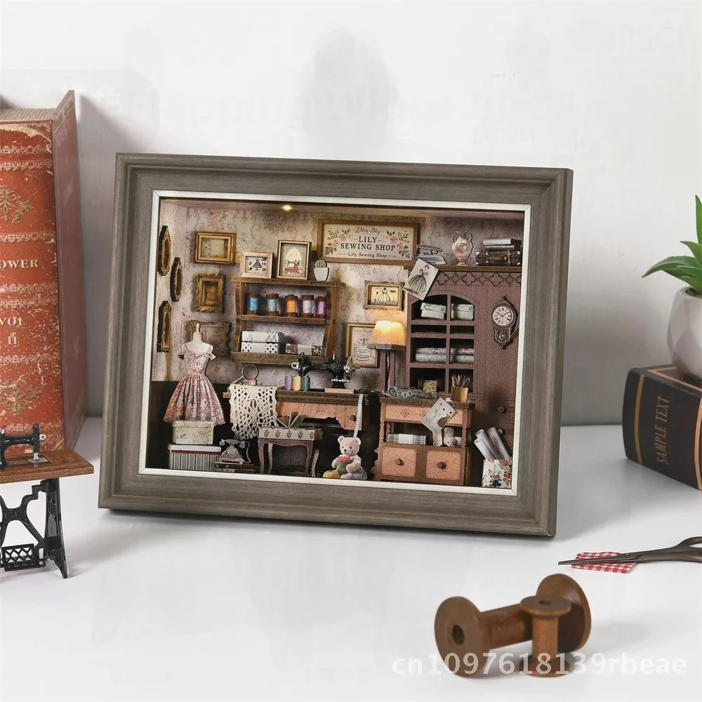 ركن عطلة مكتبة دمية مصغرة الإطار الزخرفية اليدوية الجمعية Diy بها بنفسك منزل صغير بناء لعبة هدية #2