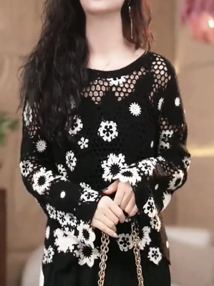 

Модный ажурный вязаный топ для женщин больших размеров, универсальный, стройнящий, осенняя новинка, одежда для снежной погоды