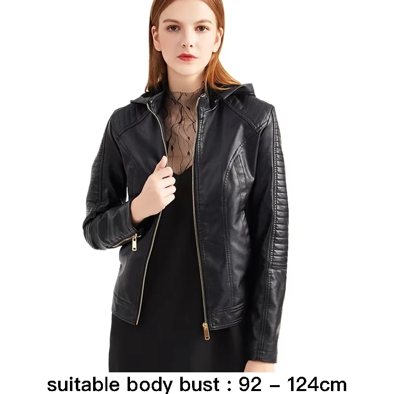 

high quality leather jacket coat for women velvet lining big size detachable hooded 2024 winter thick warm clothing black brown