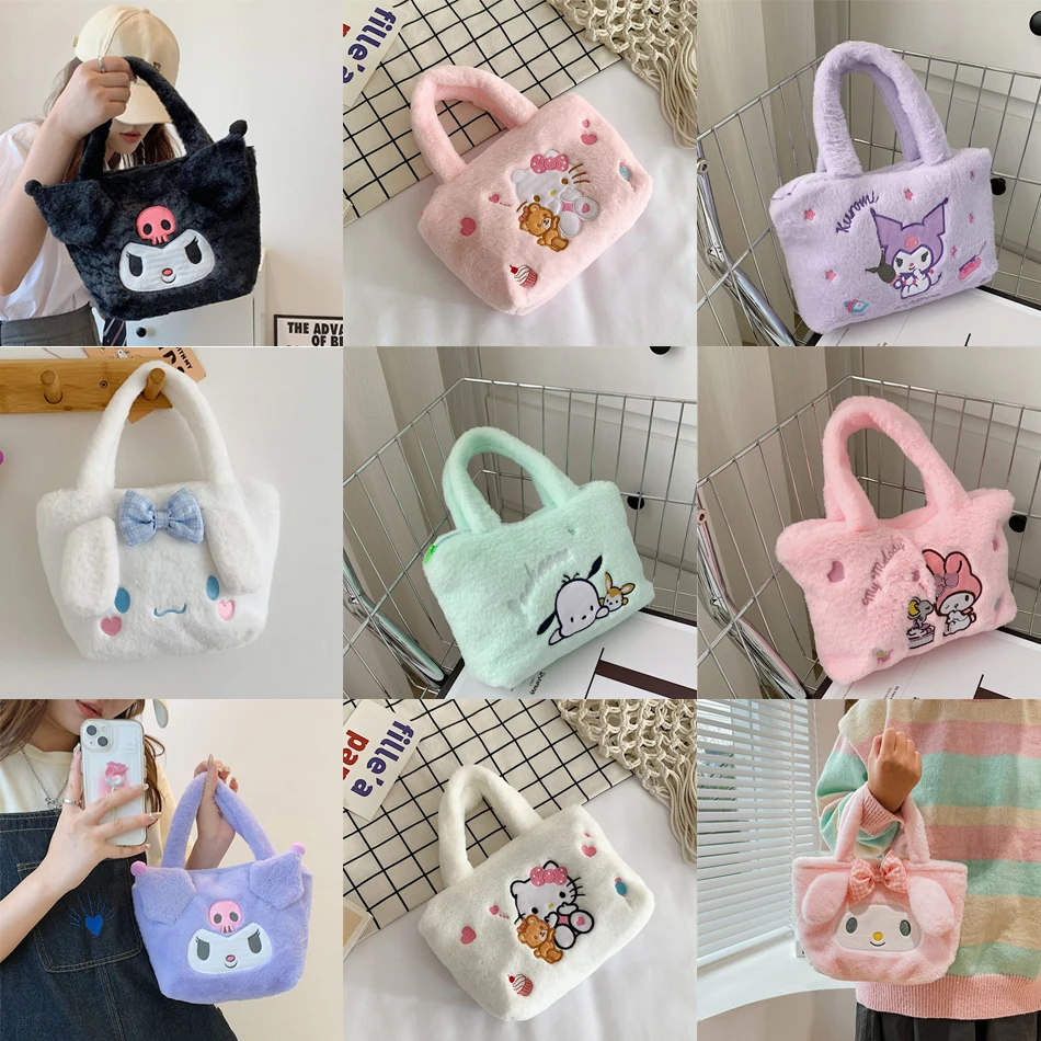 Kawaii Hello Kitty Sanrio Plush Bag Anime Kuromi Plushie Backpack for Girls Mymelody Cinnamoroll Handbags Cartoon Messenger Bags