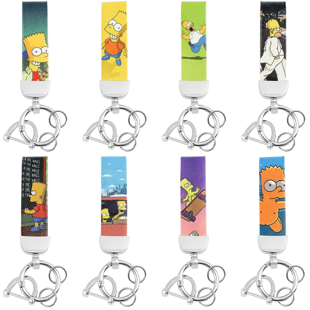 Classic Comedy The Simpsons Genuine Leather Lanyard Keychain Cartoon Figure Bart Simpson Printing Leather Keyrings for Kids Gift