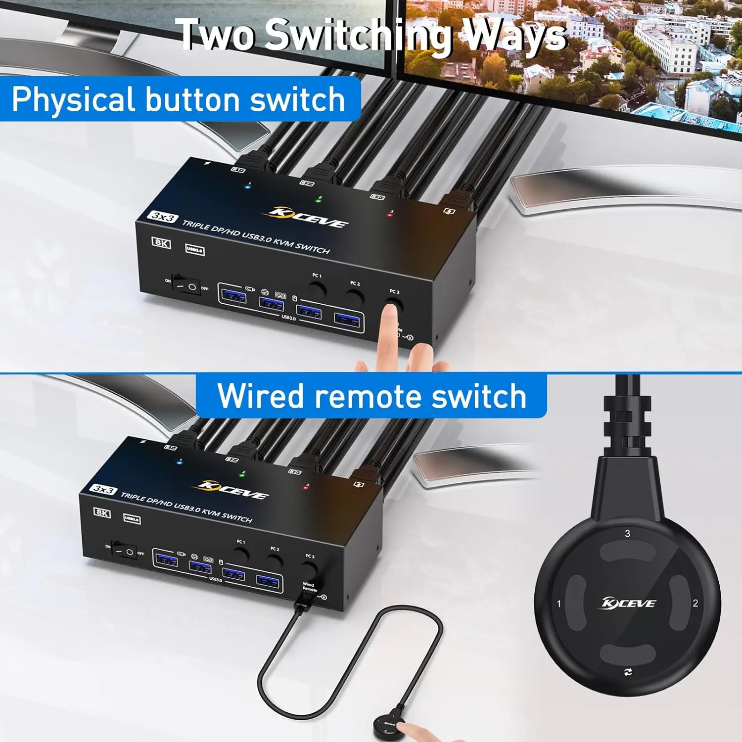 Triple HDMI+Displayport KVM Switch 3 Monitors 3 Computers USB 3.0 KVM for 8K@60Hz 4K@144Hz With 4 USB 3.0 Keyboard Mouse Monitor