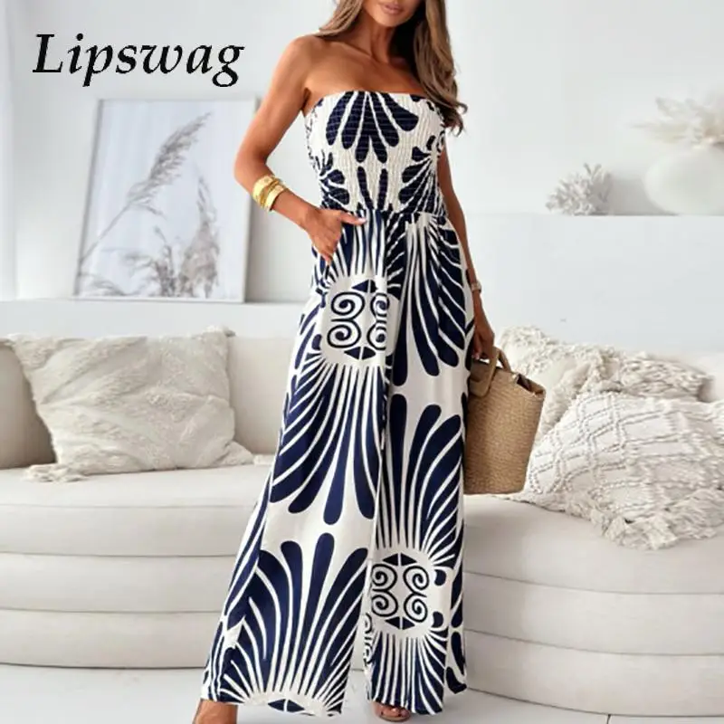 

Summer Sexy Beach Pattern Print Vocation Playsuit Fashion Lady Strapless High Waist Jumpsuit Casual High Street Slim Romper 2024