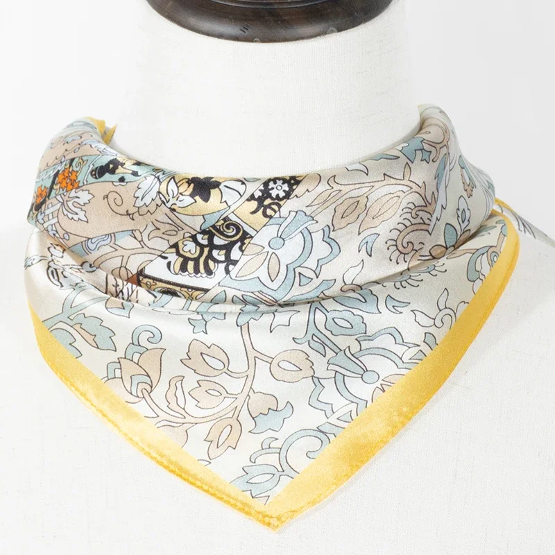 

100% Mulberry Silk Scarf 53x53cm Retro Horse Floral Print Square Neck Scarf Bandana for Women Elegant Neckerchief Office Daily