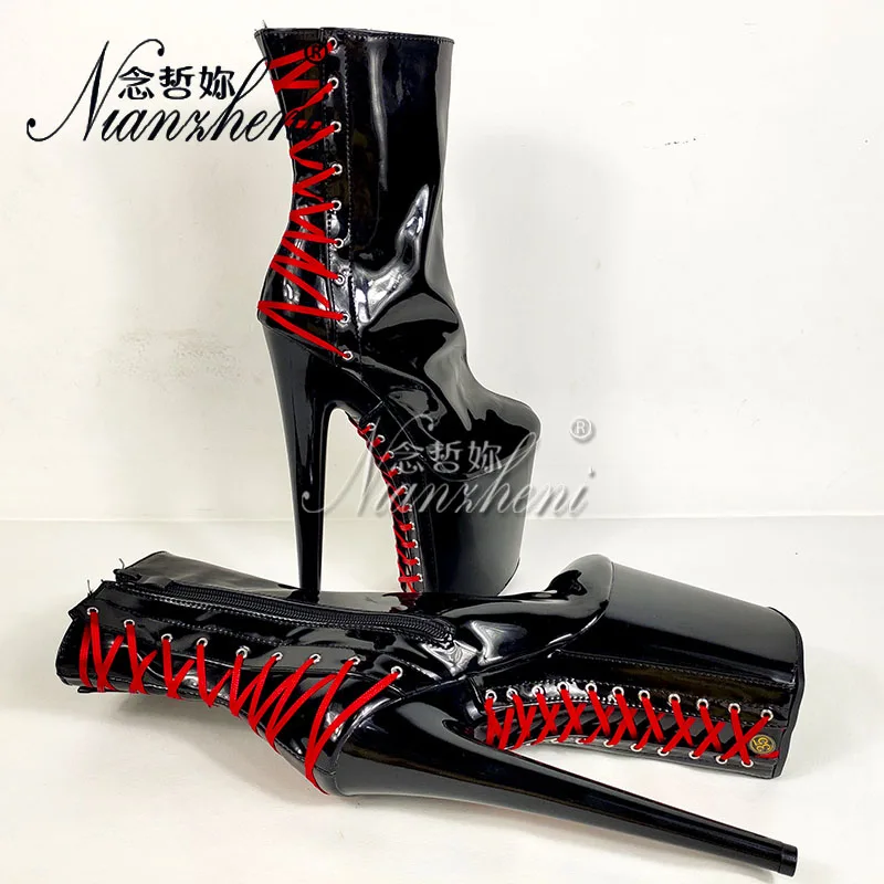 

Gothic Nightclub Ankle Boots 20cm High Heels round Toe Platform Black Shiny Stripper Sexy Women Shoes Exotic Crossdressing Model