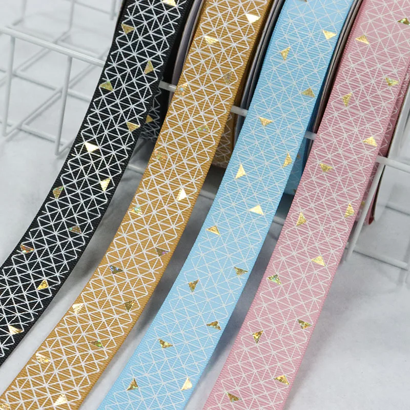 25mm White Ink Grid Line Laser Gold Foil Triangle Printed Grosgrain Ribbon For Hairbows DIY Craft Supplies