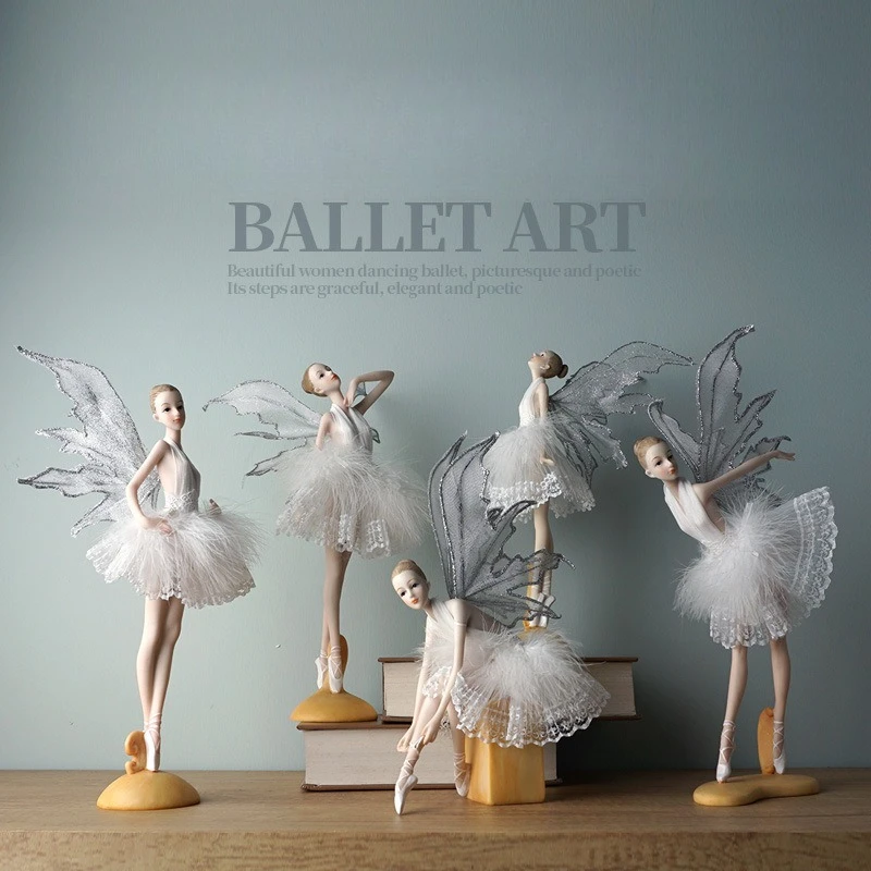 Ballerina Fairy Resin Figurine White Feather Ballet Angel Miniature Ornament Modern Home Girl Room Desktop Shelf Decoration