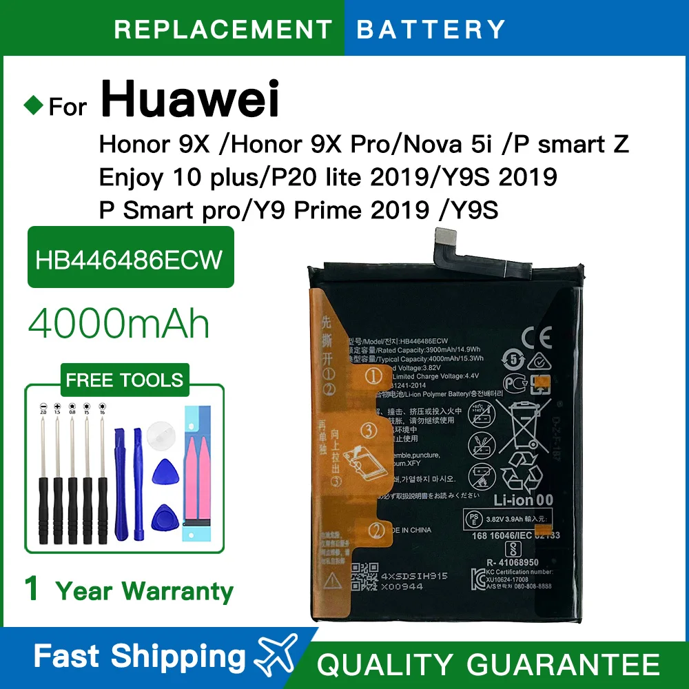 Brand New HB446486ECW Battery For Huawei Honor 9X Pro /Y9S/P Smart Pro/Y9 Prime 2019/Y9P/P20 Lite 2019 Battery +Free Tools