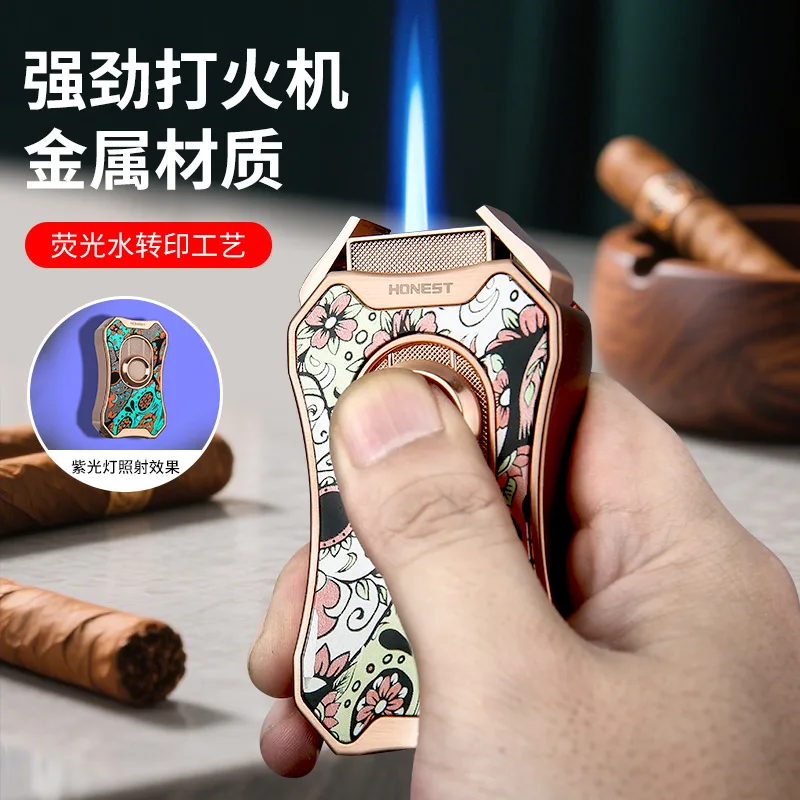 HONEST Metal Blue Flame Cigar Lighter with Visual Windows Portable Cigar Tray Design Ignition Tool Cigar Accessories Men's Gift