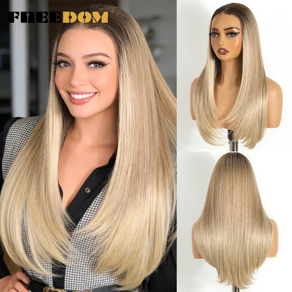 

FREEDOM 9x6 Pre Plucked Synthetic Lace Front Wigs For Women Straight Layerd Wig 24 Inch Pre Cut Ombre Brown Blonde Glueless Wigs