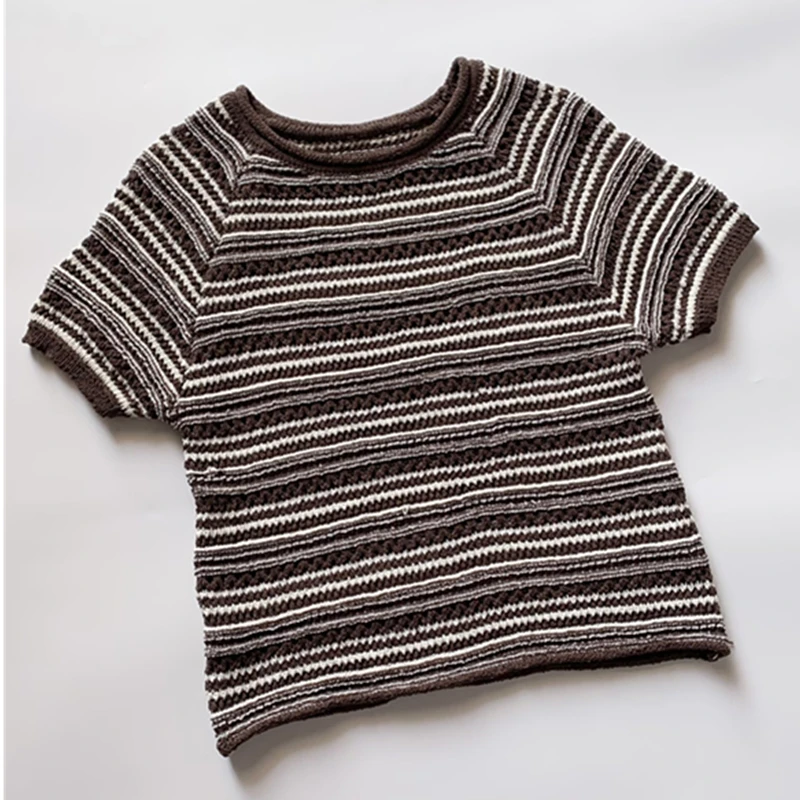 

Maxdutti 2025 Summer T-shirt Minimalist Striped T-shirt For Women Round Neck Moroccan Vintage Knitted Top