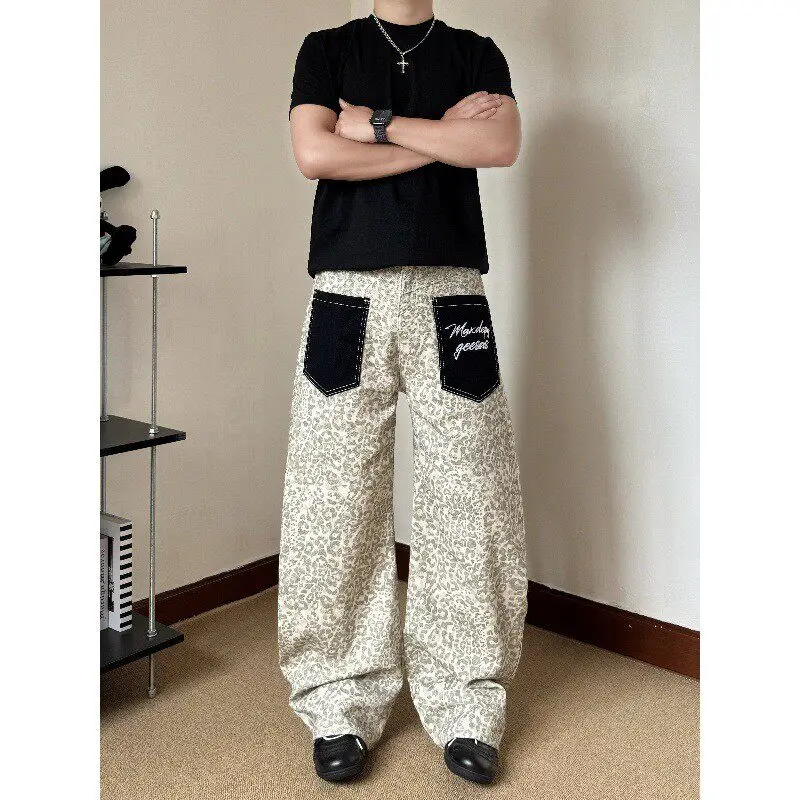 

American Style Embroidered Patch Pocket Leopard Print Wide Leg Casual Men's Design Loose Knife Pants Trendy Straight Cut Jeans