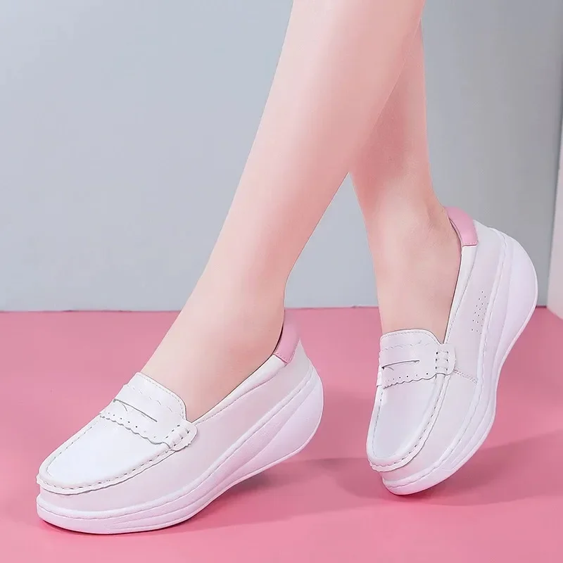 MVVJKEWhite Genuine Leather Platform Loafers Women Nurse Shoes Round Toe Slip-on Thick Flats Breathable Soft Cowhide Chunky Flat