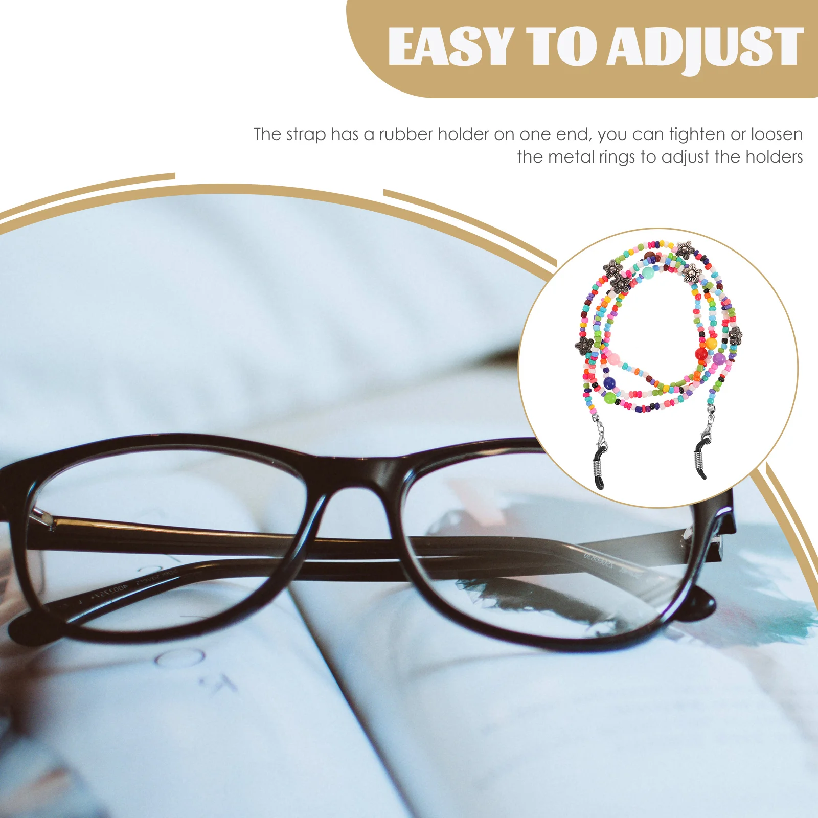 

Adjustable Rubber Holder Premium Glasses Chain Cord Anti-Fall Sunglasses Strap For Women Men Colorful Beaded Eyeglass Neck Rope