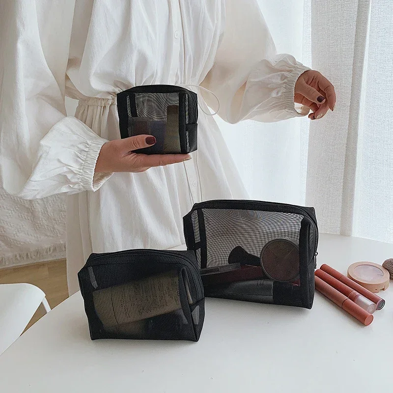 1PCS Clear Cosmetic Bags Women Black Mesh Makeup Bags Travel Toiletry Organizer Lipstick Sanitary Napkin Storage Pouch