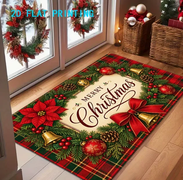 2D Merry Christmas Christmas Style Door Mat, Non-Slip and Machine Washable Carpet, Suitable for Home and Outdoor Decoration