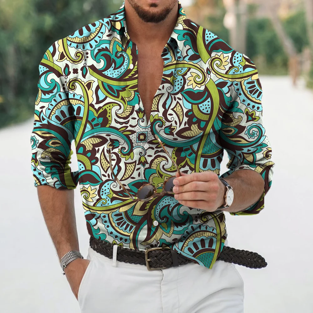 Men's Y2k Hawaiian Long Sleeve Casual Shirt Harajuku Oversized Social Vintage Luxury Leisure Fashion Smooth Streetwear Clothing