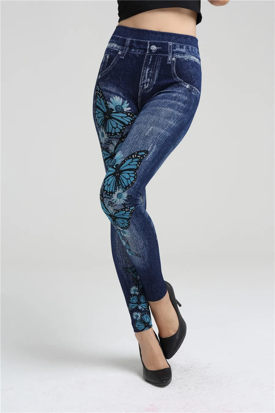 Butterfly Printed Imitation Denim Leggings Women's Thin Stretch Nine-length Leggings Spring Summer 2024 New Pants Female 006