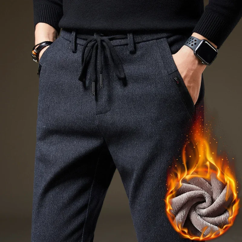 Men\'s Winter Fleece Warm Casual Pants Classic Style Thick Cotton Straight-leg Trousers Male Brand Men Clothing