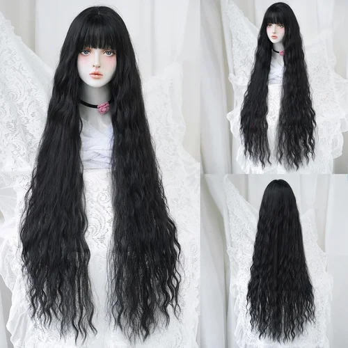 Imagen 1 del producto PARK YUN-pelucas rizadas negras Extra largas con flequillo, peluca Lolita negra larga suelta para Cosplay, peluca sintética resistente al calor, 44 pulgadas