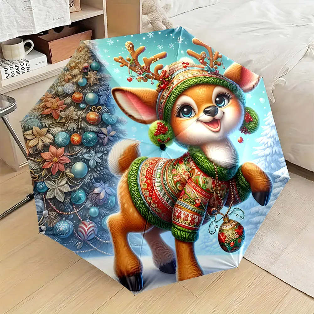 1PC Christmas Reindeer Design Umbrella with Festive Look Print 8 Iron Ribs Folding Umbrella Auto-Open Fashion Sunshade