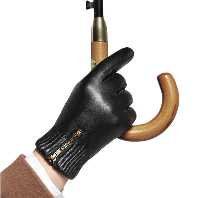 Winter Thicken Warm Retro Gloves Black Natural Sheepskin Leather Gloves Men Genuine Leather Zipper Touchscreen Driving Glove - view 2