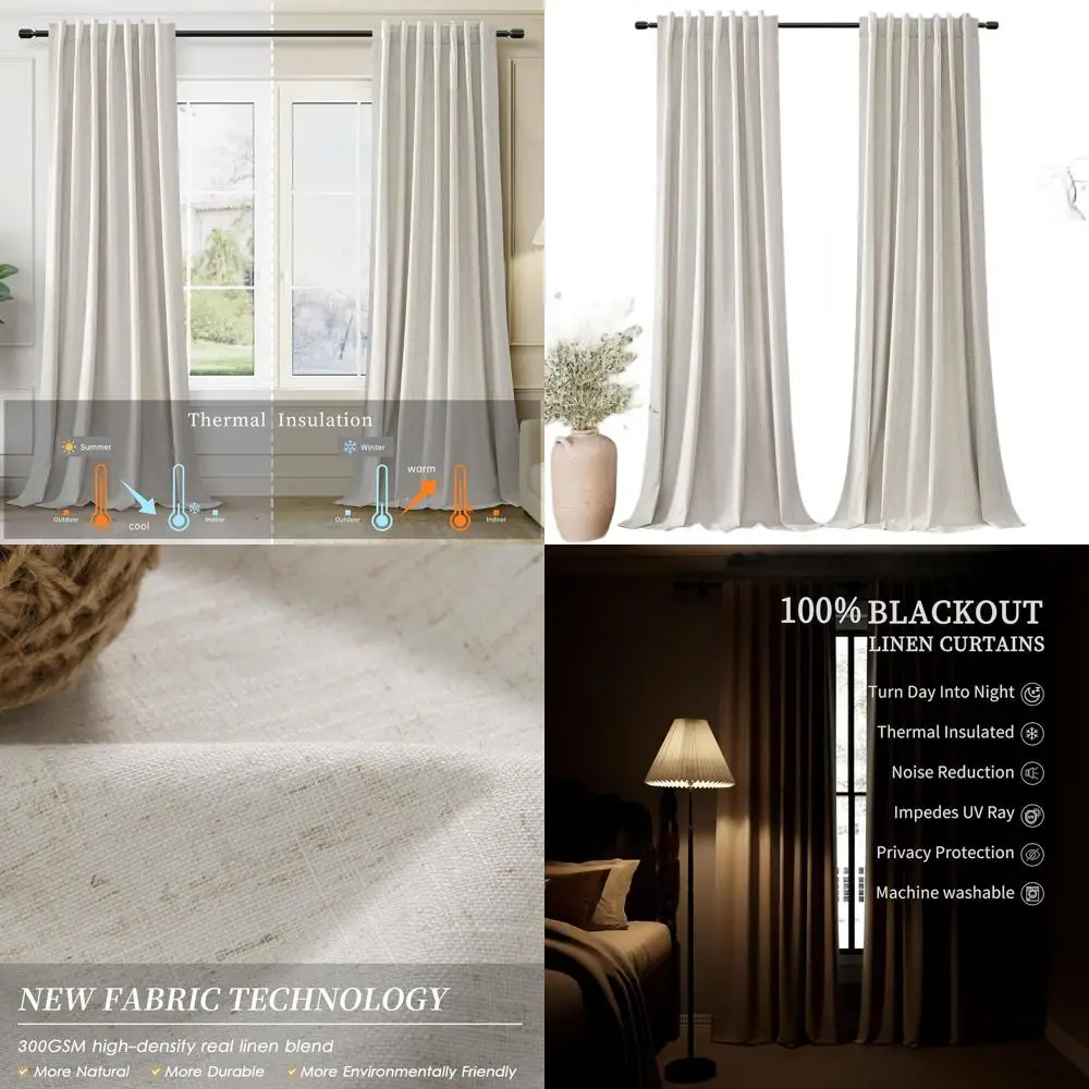 Cream Beige Linen Blackout Curtains, 52x84, 2-Panel Set for Bedroom, 84 Inch Length, Neutral Thermal Insulated Drapes for Living