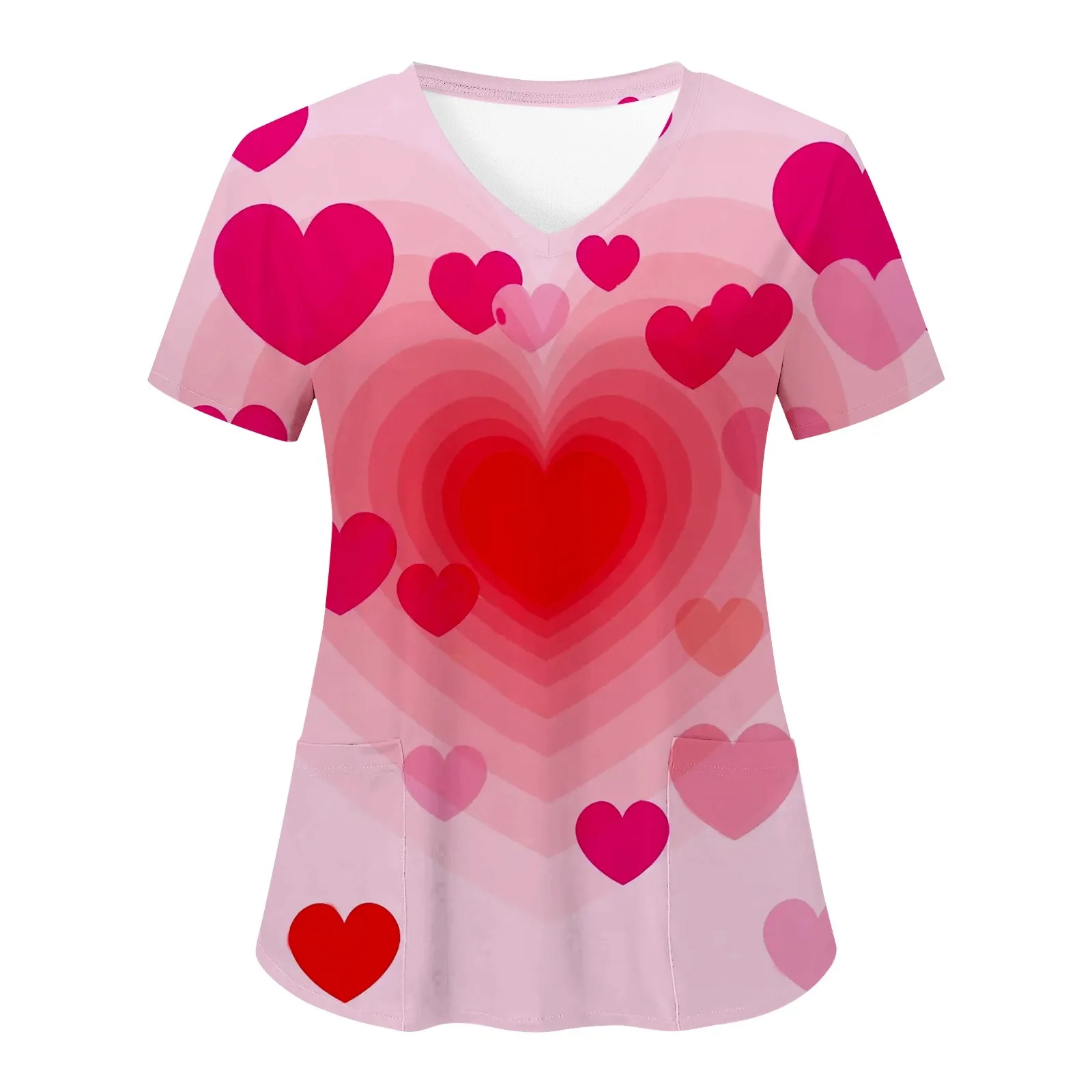 Valentines Day Scrubs Uniforms Womens Love Print Short Sleeve Pockets Workwear Hospitality Maid Nurses Uniform Carer Uniforms