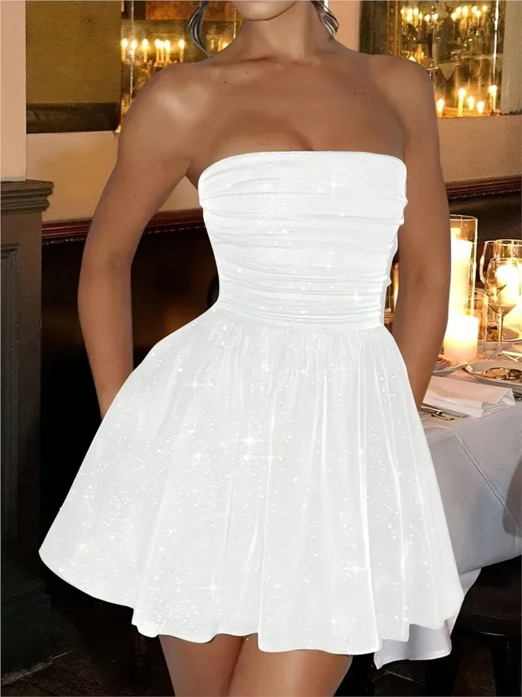 Sexy Elegant Bright Silk Shiny Strapless Fashion Dress Off Shoulder Breast Wrap Slim Mesh Female Mini Skinny Evening Dresses