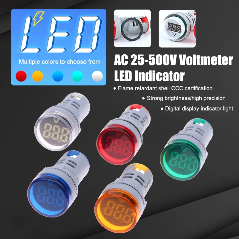 

22mm AC 25-500V Round Mini Digital Voltmeter Ammeter LED Indicator Lamp Amp Volt Voltage Tester Meter Device