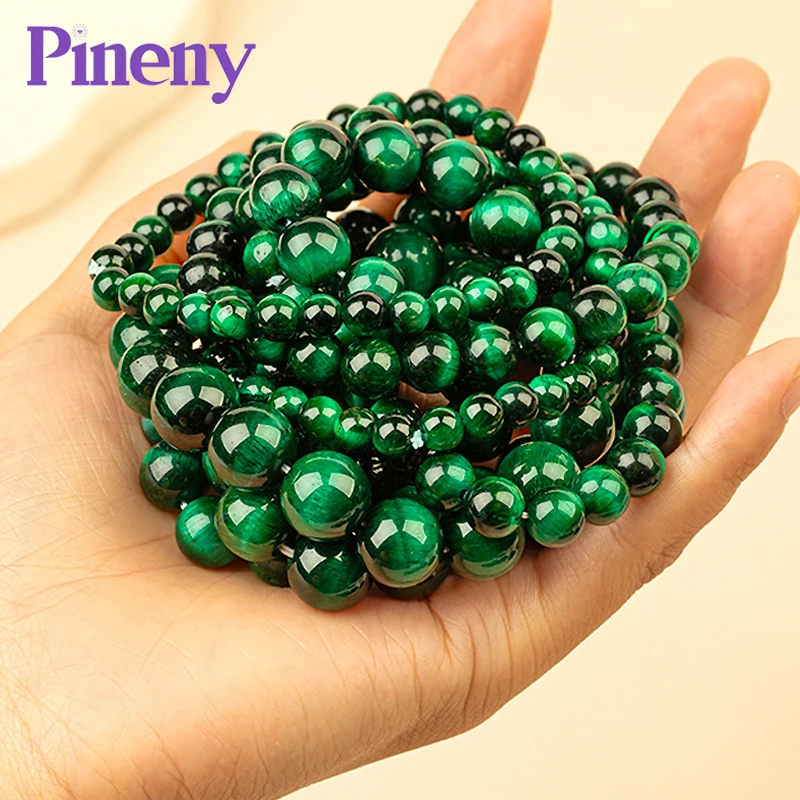 

Natural stone Green Tiger's Eye stone Bracelets Smooth Beads Running Ring Bracelet pattern Keepsake 15" Inch 4/6/8/10/12/14MM