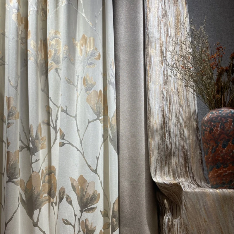 

New Curtains for Living Dining Room Bedroom Modern Light Luxury Gold Thread Leaf Jacquard High-precision Window High-end