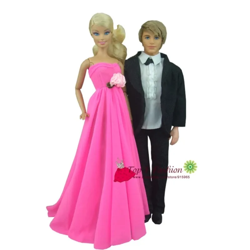 

Free Shipping 2sets= Rose Pink Evening Party Wedding Dress for Barbie Doll + Suit Clothes for Ken Doll