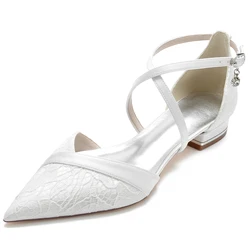 Sweet Lady Pointed Toe Dress Flats Crossed Bands Lace Satin Bridal Shoes Beach Garden Wedding Small Heels White Champagne Navy