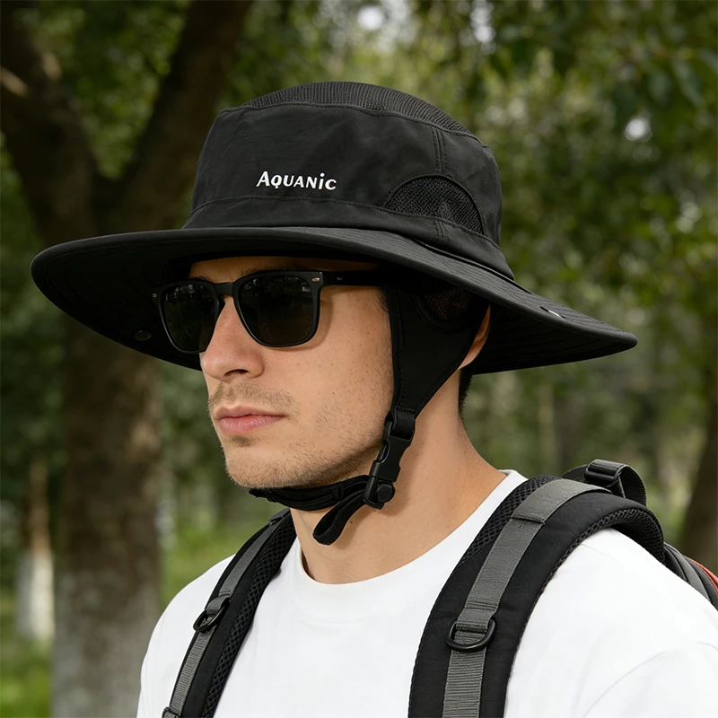 Kapelusz typu bucket hat unisex z szerokim rondem, kapelusz przeciwsłoneczny z siatką i paskiem chroniącym przed wiatrem, idealny do wędkowania i wędrówek na świeżym powietrzu. — zdjęcie produktu 3