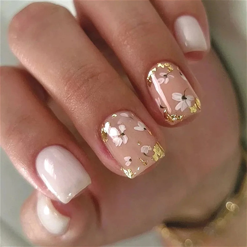 

24PCS Glitter Golden Butterfly Flower Short Square False Nails French Fake Nails for Women with Simple Designs Wearable Press On