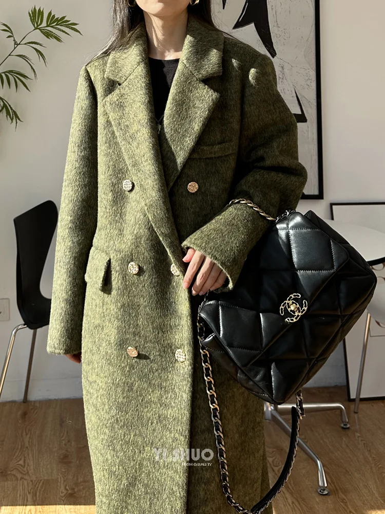 Damski płaszcz z wełny i kaszmiru na jesień i zimę, jednolity kolor, gruby, dwustronny, długi, wysokiej jakości, modny, z klapami, długi rękaw.