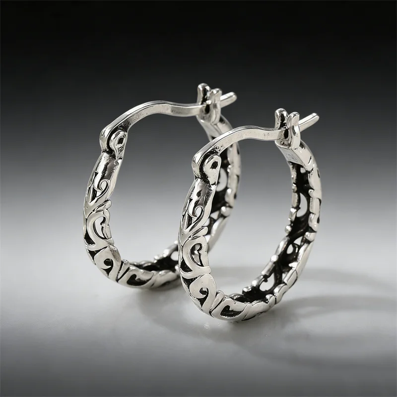 Vintage Design Silver Color Women's Earrings Ethnic Geometry Metal Hand Carving Pattern Hoops Earrings Woman
