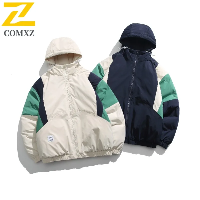 

COMXZ Mens Jacket Splicing Hooded Outdoor Adventure Windproof Coat Vintage Streetwear Comfortable Lightweight Spring Autumn Wear