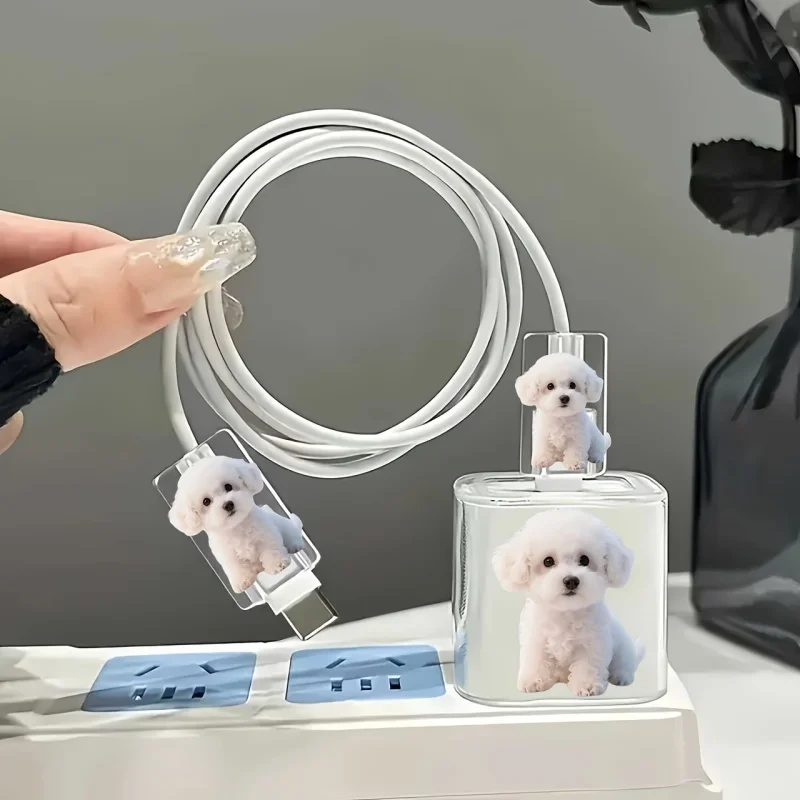 3pcs Cute White Dog Set Charger Protective Case For iPhone 20W /18W Adorable Pet Charging Head Data Cable Protection Cover